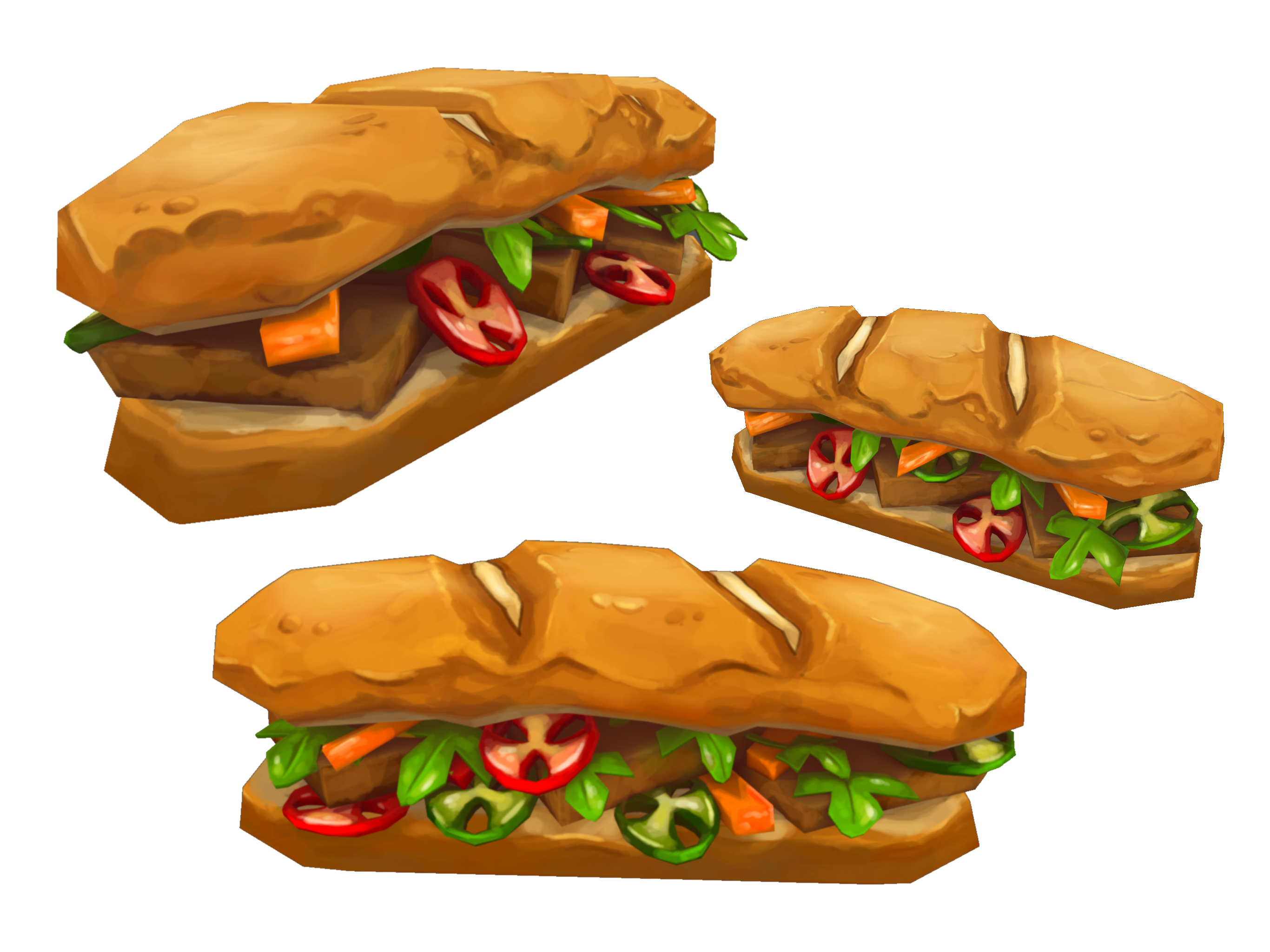 Bahn Mi — three-angle 3D render showing the hand-painted sandwich prop from different views